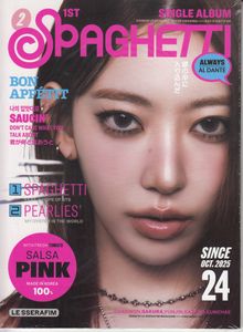 "1st Spaghetti", "Bon Appétit", "Saucin'", "Always Al Dente". Nahaufnahme eines Gesichts im Hintergrund.