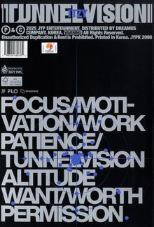 „TUNNEL VISION ITZY“. Wörter wie „FOCUS“, „MOTIVATION“, „WORK“, „PATIENCE“, „ALTITUDE“, „WANT“, „PERMISSION“. Weiße Schrift.