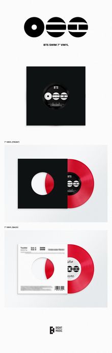 Text: "BTS SWIM 7'' VINYL", "7'' VINYL (FRONT)", "7'' VINYL (BACK)", "Tracklist", "Side A", "Side B", "BIG HIT MUSIC".  
Illustration eines roten Vinyls mit Hülle.