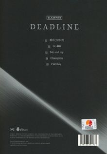Text: BLACKPINK DEADLINE. 01 뛰어(JUMP), 02 Go link, 03 Me and my, 04 Champion, 05 Fxxxboy. Schwarzer Hintergrund.