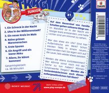 Text: 

1. Ein Schreck in der Nacht
2. Ufos in der Millionenstadt?
3. Ein neuer Kreis im Mais
4. Keine grünen Marsmenschen
5. Erste Spuren
6. Ein Angriff und ein leerer Akku
7. Aliens, ihr könnt kommen!

Gesamtspielzeit: ca. 38 Minuten.

Auf dem Bauernhof von Familie Scholten geschehen seltsame Dinge. Im Maisfeld ist ein riesiger Kreis entstanden, und helle Lichter sind am Himmel zu sehen. War das etwa ein Ufo? Sind hier Außerirdische am Werk? Schon stecken TKKG in einem spannenden Fall! Sie legen sich auf die Lauer, falls wieder etwas passiert.

Werden die Aliens zurückkommen? Wer könnte sonst noch mit der Sache zu tun haben? Können Scheinwerfer fliegen? Werden die Juniordetektiv:innen auch diesen außergewöhnlichen Fall lösen?

Es handelt sich um die Verpackung eines Hörspiels von TKKG Junior, mit einem comicartigen Logo und einem niedlichen Hund.