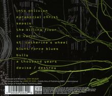 Texte: "into oblivion, parasocial christ, sepsis, the killing floor, el vacío, st. catherine’s wheel, blunt force blues, bully, a thousand years, devise/destroy". Hintergrund: abstrakte, dunkle Grafik mit grünen Linien.