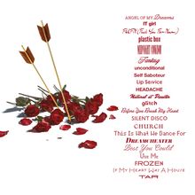 Texte in verschiedenen Schriftarten: "ANGEL OF MY Dreams", "IT girl", "FUFU", und weitere. Dazwischen: rote Rosen und Pfeile.