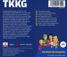 „TKKG“ und „Das Rätsel der Gruselvilla“ sind die prominentesten Texte. Darunter Abenteuertitel und eine Beschreibung. Unten sind Logos und eine Zeichnung von vier Kindern und einem Hund.