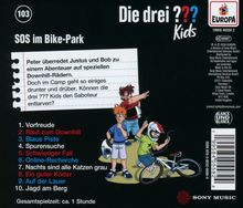 Text: "SOS im Bike-Park. Peter überredet Justus und Bob zu einem Abenteuer auf speziellen Downhill-Rädern..."

Illustration: Drei Jugendliche in Sportkleidung, einer mit Fahrradhelm neben einem BMX-Rad.