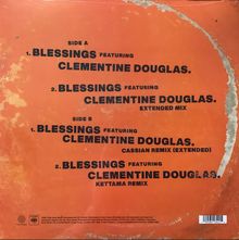 Ein orangefarbener Hintergrund mit folgenden Texten: 

"Side A 
1. Blessings featuring Clementine Douglas.
2. Blessings featuring Clementine Douglas. Extended Mix"

"Side B
1. Blessings featuring Clementine Douglas. Cassian Remix (Extended)
2. Blessings featuring Clementine Douglas. Kettama Remix"