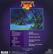 Oben steht "Aurora Yes". Eine Trackliste mit Titeln wie "Aurora" und "Turnaround Situation" ist zu sehen. Fantasielandschaft.