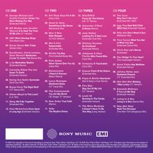 Es gibt vier CD-Titel, jede mit einer Liste von Songs; darunter Künstler und Remix-Versionen. Unten Logos von Sony Music und EMI.