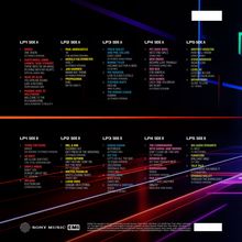 Diese Illustration zeigt eine Auflistung von Musiktiteln und Künstlern, sortiert in fünf Abschnitte (LP1 bis LP5), jeweils mit Side A und Side B. Darunter sind bekannte Namen wie Queen, Eurythmics, Pet Shop Boys und Whitney Houston. Unten links sind die Logos von Sony Music und EMI zu sehen.