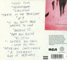 "Stray Dogs", "Testosterone", "Evolution", "Death in the Backseat", "#5", "AI Jesus". Rechts ein abstraktes rotes Bild.