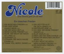 "Nicole – Eine Stimme geht um die Welt. Ein bisschen Frieden. Titelliste: 1. Ein bisschen Frieden 3:00, 2. Wir sind keine Kinder mehr 3:43..."