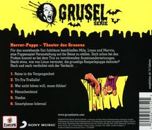 Text im oberen Bereich: "GRUSEL SERIE". Darunter düstere Gestalten und Fledermäuse auf gelbem Hintergrund. Illustration von Händen mit Puppe.