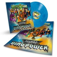 "Heavy Saurus", "Mission Dino Power". Bunte Dinos mit Instrumenten auf Schallplattenhülle, blaue Schallplatte.