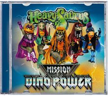 "Heavy Saurs" und "Mission Dino Power" in metallischer Schrift. Fünf cartoonhafte Dinos in bunten Outfits posieren.