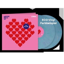 "ECO Vinyl Farbbeispiel" zeigt zwei blaue Vinyls, ein rosa Cover mit roten Herzen, Text "inkl. Nr.1 Hit" und "Lübbe."