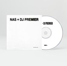CD-Hülle und CD mit Text "NAS + DJ PREMIER". Schlichtes Design, weiße Hintergründe.