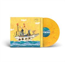 Text: "Sunny Side of the Street." Illustration: Ein fantasievolles Schiff mit Tieren auf blauem Wasser, gelber Himmel.