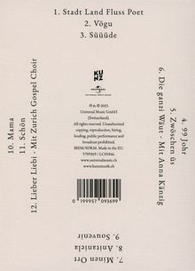 1. Stadt Land Fluss Poet, 2. Vögu, 3. Süüüde. Zentral ein Logo mit "KUNZ". Unten Barcodes. Beige Hintergrund.