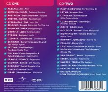 CD ONE hat 18 Länder mit Künstlern und Songs; CD TWO hat 17. Logos von ORF, Universal Music und EBU sind unten.