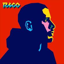 Oben links steht "Rico" in geometrischen Formen. Grafisches Porträt eines Profils in leuchtenden Farben vor rotem Hintergrund.