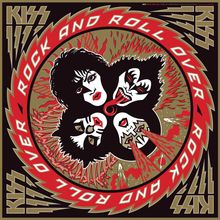 "ROCK AND ROLL OVER" roter Text auf kreisförmigem Hintergrund mit stilisierten Gesichtern und Flammenmustern.