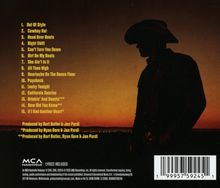 Liste von Liedtiteln in Gelb auf schwarzem Hintergrund mit Cowboy-Silhouette vor Sonnenuntergang.