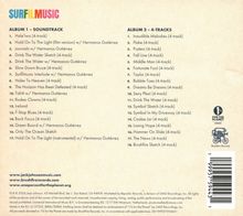 Oben links steht "SURFILMUSIC". Links sind Titel von "ALBUM 1 – SOUNDTRACK", rechts Titel von "ALBUM 2 – 4-TRACKS". Unten befinden sich drei Websites und Symbole für "1% FOR THE PLANET" und "Brushfire Records".