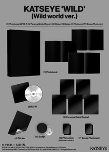 KATSEYE 'WILD' (Wild world ver.). Enthält: Photobook, CD-R, Detail Report, Sticker, Badge, Photocards.