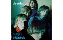 "desolation" oben, "cuby + blizzards" unten in Blau. Fünf Männer mit langen Haaren schauen nachdenklich. Retro-Design.