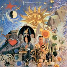 Text: "tears for fears the seeds of love". Illustration mit Sonne, Mond, zwei Personen, Pflanzen und surrealen Elementen.