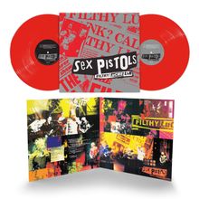 „Sex Pistols“, „Filthy Lucre Live“. Zwei rote Schallplatten und ein bunter Klappcover mit Konzertfotos und Grafiken.