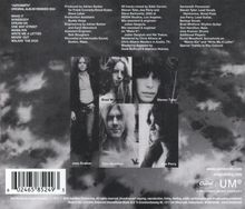 Text: Aerosmith Trackliste, Produzenten, Toningenieure. Schwarz-weiß Collage mit fünf Bandmitgliedern in Wolken.