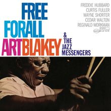 "Free For All Art Blakey & The Jazz Messengers" in bunten Buchstaben. Ein Schlagzeuger spielt intensiv.