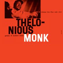 "Thelonious Monk, volume two, blue note 1511, genius of modern music." Eine Fotografie von einem Mann, der nach rechts zeigt.