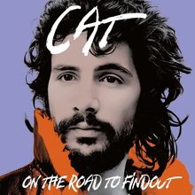 Text: "CAT ON THE ROAD TO FIND OUT." Illustration: Porträt eines Mannes mit Bart, langem Haar und orangefarbenem Mantel.