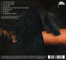 Eine Liste mit sieben Songtiteln. Eine Illustration zeigt eine Krähe auf einem Arm mit einem stilisierten Kopf-Logo „BRAIN“.