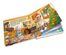 Texte: "Weihnachtstag! Jeder möchte heute...".

Illustration von Kindern beim Plätzchenbacken mit Weihnachtsbaum.