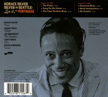 "HORACE SILVER SILVER IN SEATTLE: Live at the PENTHOUSE" mit Trackliste und Musikerauflistung, Schwarz-Weiß-Foto eines lächelnden Mannes.