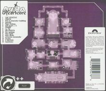 "Aura Heartcore" mit Trackliste: 1. The Descent, 2. Crack!, 3. This is Character Building, usw. Lila Grundriss einer Villa.