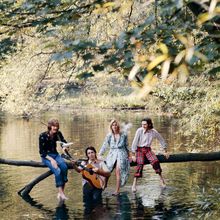 Vier Menschen in einem Fluss, zwei sitzen auf einem Ast, einer spielt Gitarre, umgeben von üppigem Grün und ruhigem Wasser.