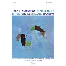 "JAZZ SAMBA ENCORE! STAN GETZ & LUIZ BONFA" oben. Gemälde mit abstrakten Formen in Blau- und Brauntönen darunter.