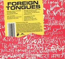 "FOREIGN TONGUES" auf gelbem Hintergrund mit Titeln wie "ROUGH AND TWISTED". Hintergrund in Rot mit weißen Schriftzeichen.
