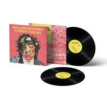 "Rolling Stones Foreign Tongues". Zwei Schallplatten, eine Hülle mit Porträt, eine Rückseite mit weißem Text auf Rot.