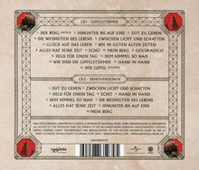 CD1 - Gipfelstürmer: Der Berg (Intro), Hinunter bis auf eins, Zeit zu gehen, ...  
CD2 - Demoversionen: Zeit zu gehen, Zwischen Licht und Schatten, ...  
Rechteckiges Muster, rote Berg- und Lokomotiv-Embleme.