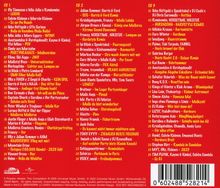 Dreifache CD-Liste mit Titeln und Künstlern in gelber und weißer Schrift auf rotem Hintergrund.