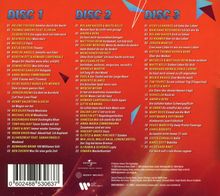 Text: 
DISC 1, DISC 2, DISC 3
Song- und Künstlerlisten unter jedem DISC-Text. 
Hintergrund: Rote Fläche mit blauen und violetten Akzenten.