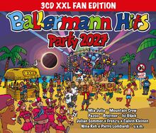 "Ballermann Hits Party 2027" in bunten Buchstaben. Menschen feiern am Strand mit DJ, Bar und Palmen.