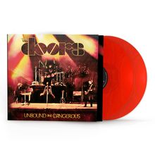 Text: "The Doors", "Unbound and Dangerous". Cover eines Musikalbums mit Konzertszene und zwei roten Vinyl-Schallplatten.