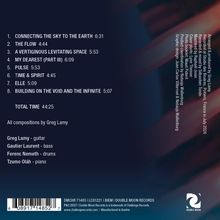 Album-Trackliste: Titel und Dauer der Songs von Greg Lamy. Musiker: Greg Lamy, Gautier Laurent, Ferenc Nemeth, Tzumo Oláh. Logo unten rechts.