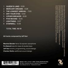 Trackliste mit Titeln und Zeiten, alle komponiert von Jeff Herr. Musiker und ihre Instrumente sind aufgeführt. Logo unten.